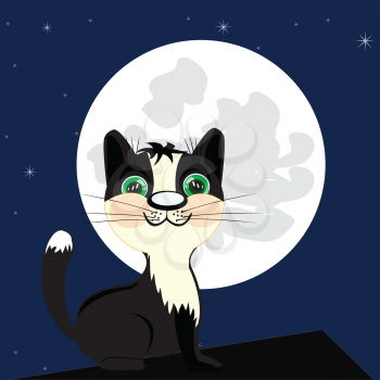 Cat on roof of the building moon in the night