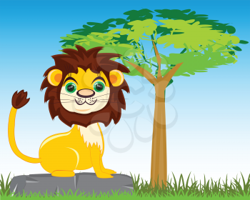 Vector illustration animal lion on background tree in savannah