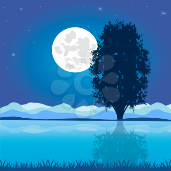 The Night landscape moon sky and riverside.Vector illustration