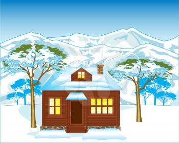 The Winter wood and small house.Vector illustration