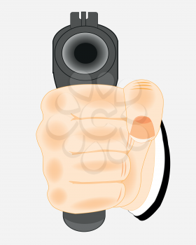 Hand of the person with weapon on white background is insulated