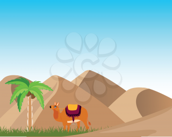 Sand desert and oasis with palm and camel.Vector illustration
