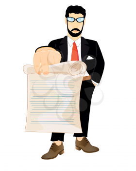 The Man keeps in extended hand sheet of paper.Vector illustration