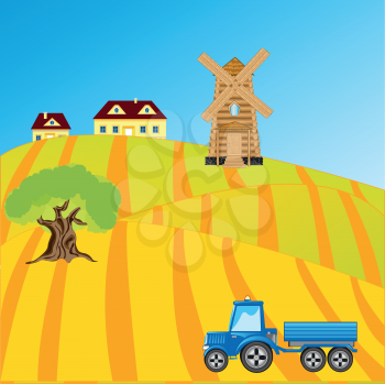 Rural terrain and tractor in field.Vector illustration