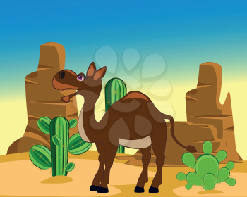 The Cartoon animal camel in desert with cactus.Vector illustration