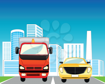 The City and road with two cars.Vector illustration