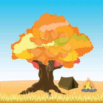 The Tent and campfire under tree by autumn.Vector illustration