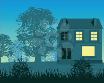 The Silhouette of the building in matutinal wood.Vector illustration