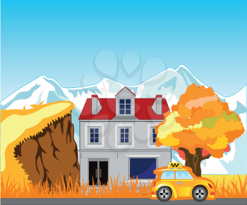 Bright autumn landscape with house and expensive
