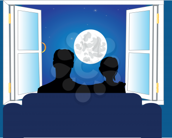 Silhouettes men and woman beside window look at moon