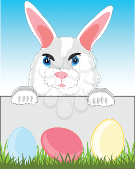 Cartoon of the rabbit on background sky and egg in herb