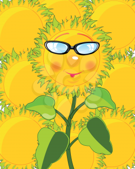 Cartoon of the sunflower bespectacled on background other sunflower
