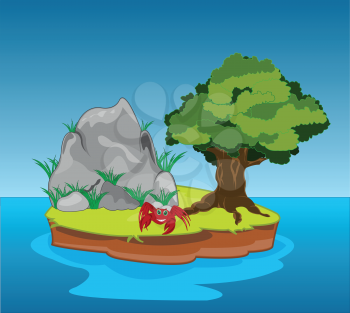 Small desert island with tree and stone in ocean