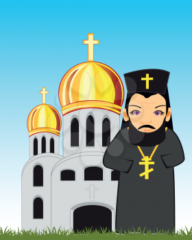 Vector illustration of the priest on background snow-white church