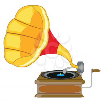 Old-time music instrument gramophone on white background