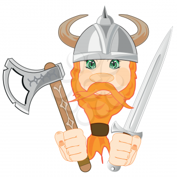 Vector illustration of the cartoon of the portrait of the viking with weapon in hand and send