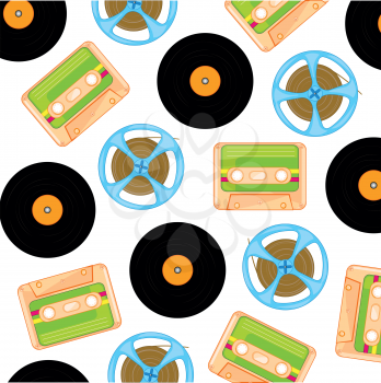 Music disks,cassettes and plates pattern on white background