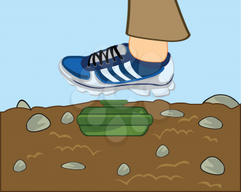 Vector illustration of the mine in ground and legs of the person