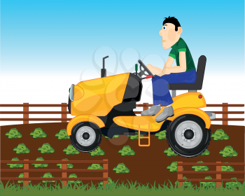 Vector illustration of the cartoon of the garden tractor processing ground on area