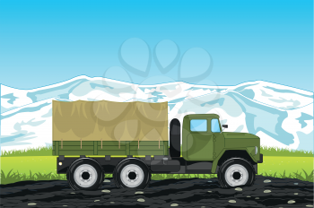 Vector illustration of the cargo car with basket ural on background of the mountains