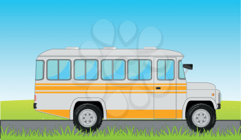 Vector illustration of the bus moving on road on background of the nature