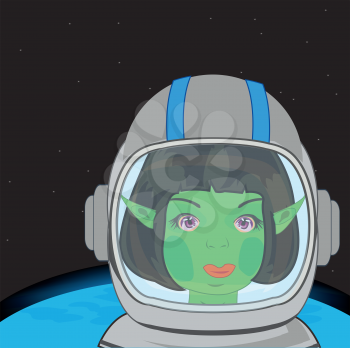 Cartoon of the fairy-tale girl troll in space suit of the spaceman on background of the outer space