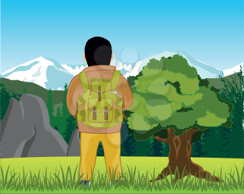 The Vector illustration men tourist with rucksack on background of the beautiful landscape.