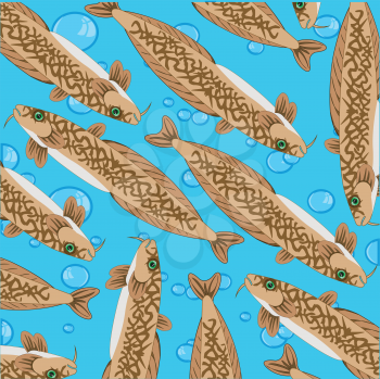 Vector illustration of the decorative pattern of fish burbot and bladders of the air on turn blue background