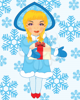 Snow maiden with gift on background with snowflake