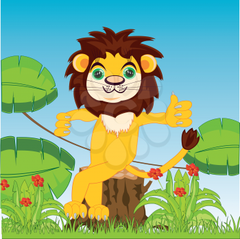 Vector illustration of the cartoon reigning beasts lion in jungle