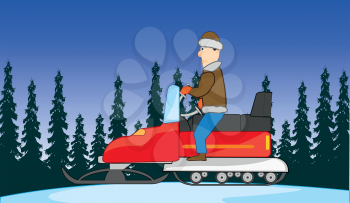 Vector illustration winter wood and person riding on snowmobile