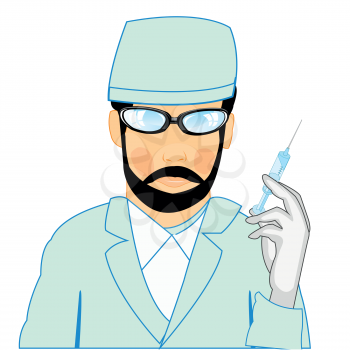 Man physician and syringe in hand on white background is insulated