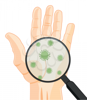 Microbes on hand of the person through magnifying glass