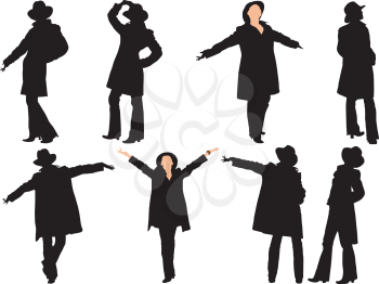 Royalty Free Clipart Image of Silhouettes of Women Posing and Wearing Top Hats and Long Jackets