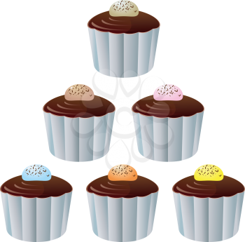 Royalty Free Clipart Image of a Variety of Chocolate Cupcakes With Jelly Beans on Top