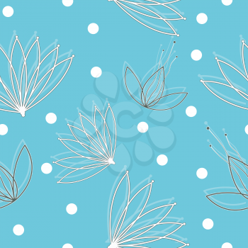 Royalty Free Clipart Image of a Blue Background of White Spots and Flowers