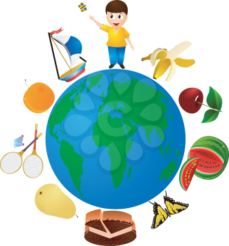 Royalty Free Clipart Image of a Boy Standing on Top of The World With Fruits, Games, Butterflies, and Entertainment Options