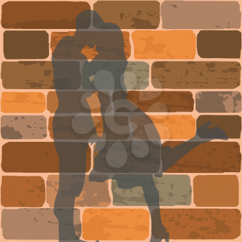 Royalty Free Clipart Image of a Silhouette of a Man and a Woman Kissing in Front of a Brick Wall. The Woman Has Her Her Leg Up in the Air Behind Her