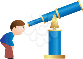 Royalty Free Clipart Image of a Boy Looking Through a Large Telescope