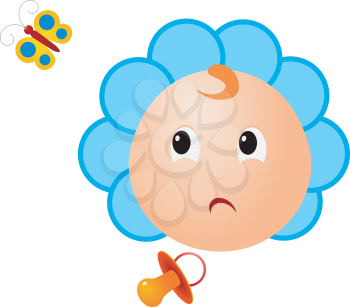 Royalty Free Clipart Image of a Toddler Wanting Her Pacifier With a Butterfly Flying Around Her