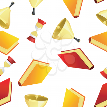 Royalty Free Clipart Image of a Background of Bells, Books, and Hour Glasses
