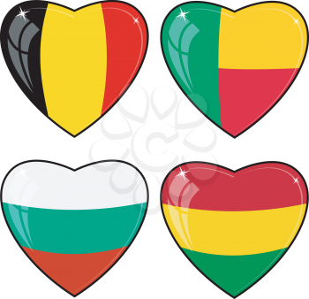 Set of vector images of hearts with the flags of Belgium, Benin, Bolivia, Bulgaria