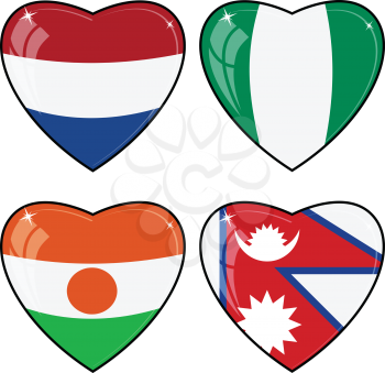 Set of vector images of hearts with the flags of Nepal, Niger, Nigeria, Netherlands
