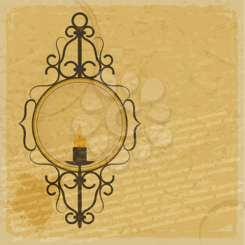 Vintage paper background with the image of a candle in an old candlestick