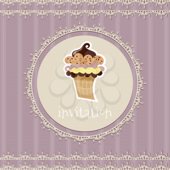 Vintage card--invitation--with cupcake on a purple background
