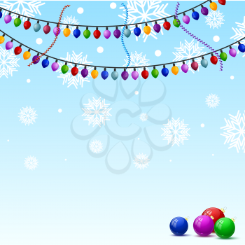 Christmas background with snowflakes and colorful lights