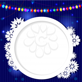 Abstract blue background with a circular design elements and a Christmas lights