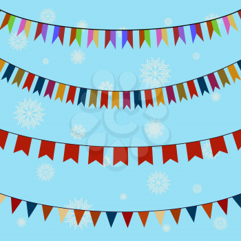 Set of festive colored flags on curved ropes