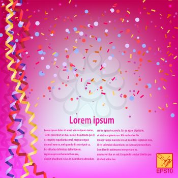 Pink background with confetti and serpentine. Sample for your festive design. Vector illustration