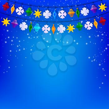Festive blue background with a garland of paper Christmas toys. Vector illustration.